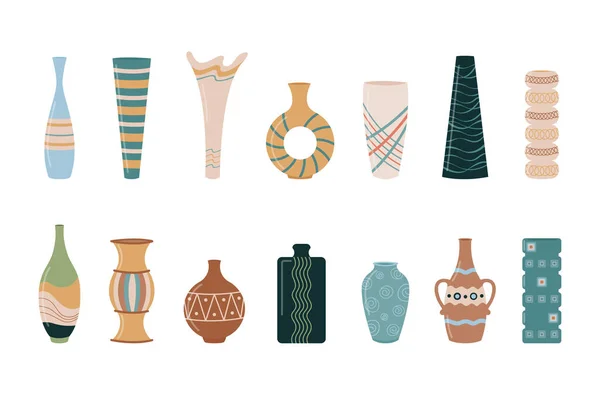 花瓶のベクトルセット 流行のBohoセラミック空のポット ジャグや花瓶のフラットコレクション 隔離されたインテリアデザイン要素 — ストックベクタ
