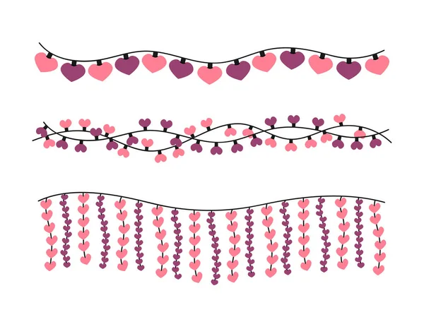 Valentijnsdag Bloemenslingers Ingesteld Harten Ophangen Licht Geïsoleerd Valentijnsdag Feestversiering Vector — Stockvector