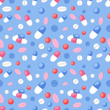 Tıbbî haplar kusursuz. Eczane mavi sonsuz arka plan. Renkli haplar, haplar ve kapsüller. Vektör düz resimleme