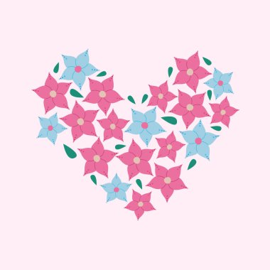 Çiçekli kalp izole edilmiş. Soyut çiçekler ve yapraklar. Çiçek tasarım elementi. Vektör düz resimleme