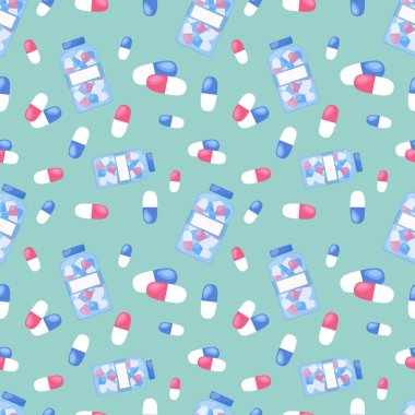 Tıbbi ilaçların geçmişi temiz. Eczane kalıbı. Renkli haplar, haplar ve kapsüller. Vektör düz resimleme