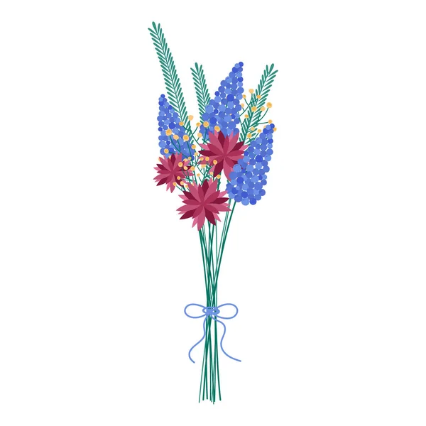 Flowers bouquet isolated. Bunch of different fresh meadow flowers and leaves plants. Vector flat illustration.