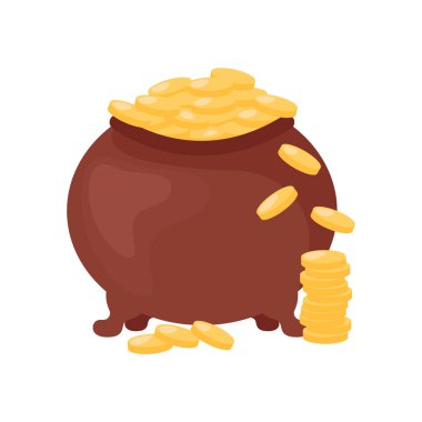 Altın izole edilmiş tencere. Aziz Patrick Günü 'nün sembolü İrlanda bayramı. Parlak altın sikkelerle dolu demir tencere. Vektör düz resimleme.