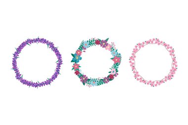 Beyaz arka planda izole edilmiş çiçek desenli yuvarlak çerçeveler. Lavanta desenli çelenkler, çayır çiçekleri ve Sakura çiçekleri. Düz çiçekli vignettes illüstrasyonu