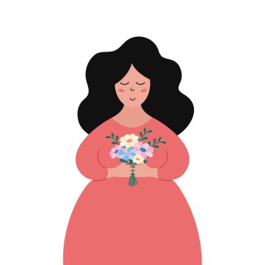 Bahar çayırı çiçek buketi tutan tatlı mutlu kız. Uzun saçlı, gülümseyen güzel bir genç kadın. Uluslararası Kadınlar Günü, bahar zamanı. Vektör düz resimleme