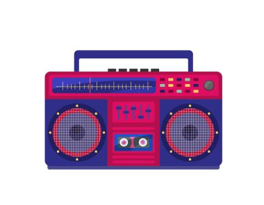 Boombox izole vektör nesnesi. 80 ve 90 'lardan kalma ses kayıt cihazı. Beyaz arkaplanda renkli müzik ekipmanlarının düz çizimi.