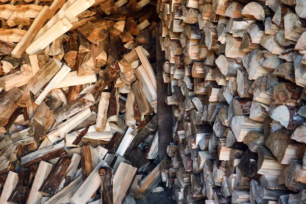 冬の暖房シーズンの準備 針葉樹の薪が壁に積み上げられています — ストック写真