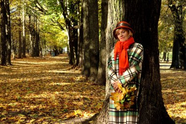 Eski parkta sonbahar yürüyüşleri: turuncu şapkalı yaşlı bir kadın ve bir buket sonbahar yapraklı ekoseli bir ceket yaşlı bir ağaca yaslanmış duruyor