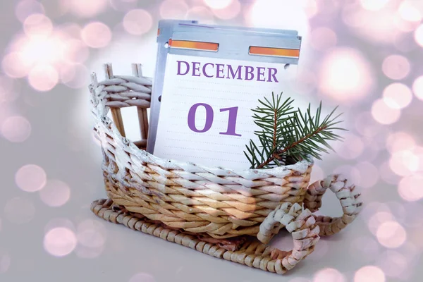 Calendar December Leaves Calendar Name Month Numbers Decorative Sleigh Spruce — Stock Photo, Image