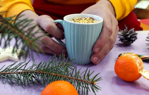 Cozy Tea Drinking Winter Days Cup Tea Hands Tangerines Fir — Stock Photo, Image