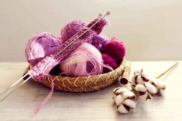 Skeins Multicolored Yarn Purple Tones Knitting Needles Decorative Tray Branch — Fotografia de Stock