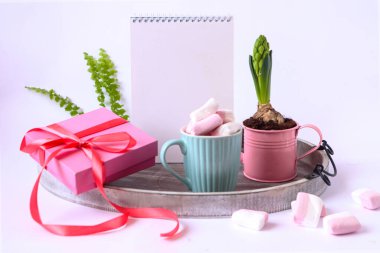 İyi bir bahar sabahı: bir not defteri, pembe sulama kutusunda çiçek açan bir sümbül, havadar şekerlemelerle dolu bir bardak, dekoratif bir tepside pembe bir kurdeleyle bağlanmış bir hediye, hafif bir arka plan, yazı için bir yer.