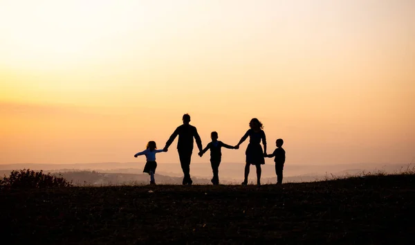 Siluetas de familia feliz sosteniendo las manos en el prado durante el atardecer . —  Fotos de Stock
