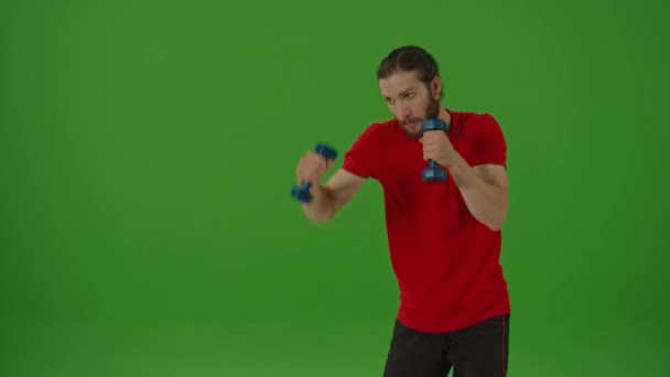 Young Motivated Bearded Fighter Red Shirt Making Boxing Exercises Blue — Αρχείο Βίντεο