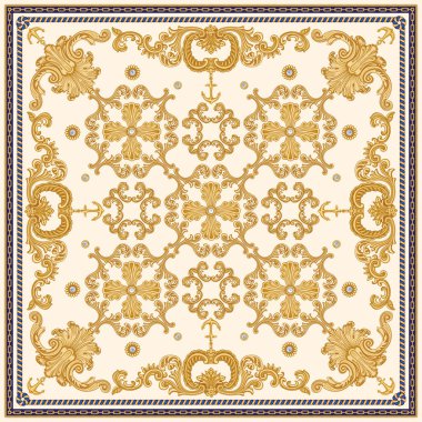 Modaya uygun altın zincir desenleri, barok parşömenler, deniz çapaları, koyu mavi arka planda inci kabuk izleri. Atkı, bandana, fular, mendil, ipek tekstil bandı, halı