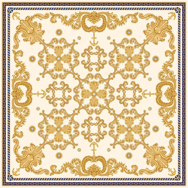 Modaya uygun altın zincir desenleri, barok parşömenler, deniz çapaları, koyu mavi arka planda inci kabuk izleri. Atkı, bandana, fular, mendil, ipek tekstil bandı, halı