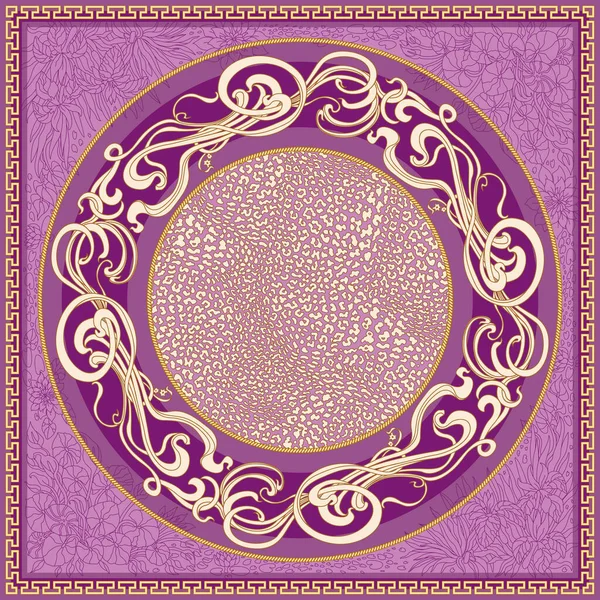 Chal Púrpura Con Patrón Borde Floral Art Nouveau Piel Leopardo — Vector de stock