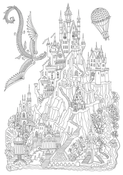Черно Белый Фантастический Пейзаж Сказочный Замок Горе Пальмы Речной Водопад — стоковый вектор