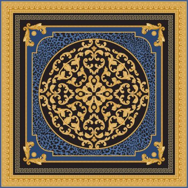 Barok parşömenleri, altın rengi Yunan anahtar deseni, daha kıvrımlı kenar sürtünmesi, siyah ve mavi leopar desenli arka plan üzerine oyulmuş çerçeve. Atkı, bandana izi, atkı, cep mendili, halı. 