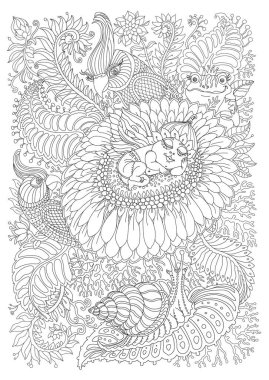 Kelebek kanatları, harika papatya çiçekleri, tropikal yapraklar, yeşillikler. Siyah ve beyaz. Tarz sahibi Hint papağanı, peri kurbağası, salyangoz. Tişört izi. Yetişkinlerin boyama kitabı sayfası