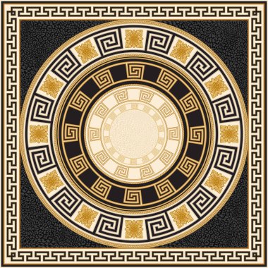 Atkı, bandana izi, fular, mendil, halı. Yuvarlak Yunan sınır frizbisi, altın kare çiçek dcor, siyah leopar derisinde altın kablo çerçeveler. Fırça paletinde 6 desenli fırçalar
