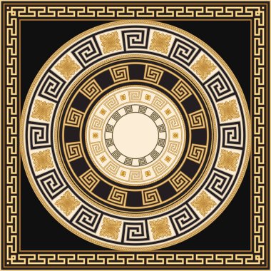 Atkı, bandana izi, fular, mendil, halı. Yuvarlak Yunan sınır frizbisi, altın kare çiçek dcor, siyah leopar derisinde altın kablo çerçeveler. Fırça paletinde 6 desenli fırçalar