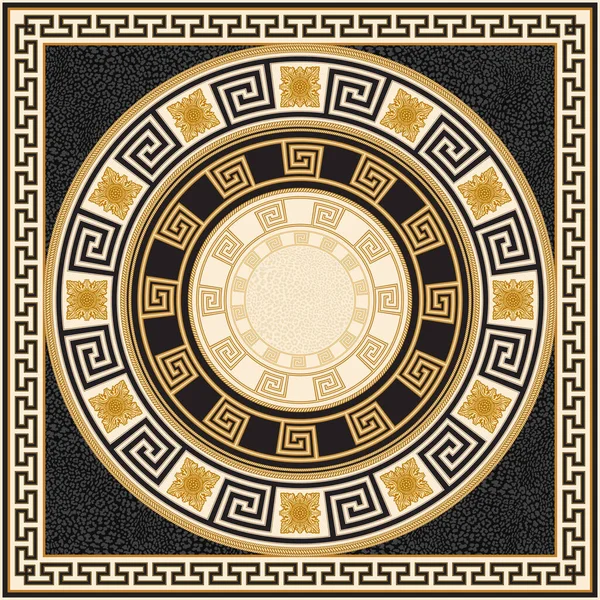 Atkı, bandana izi, fular, mendil, halı. Yuvarlak Yunan sınır frizbisi, altın kare çiçek dcor, siyah leopar derisinde altın kablo çerçeveler. Fırça paletinde 6 desenli fırçalar
