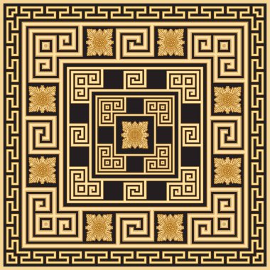 Atkı, bandana izi, fular, mendil, halı. Kare çiçek dcor 'lu Yunan sınır frizbisi, siyah arka planda altın kablo çerçeveleri. Fırça paletinde 5 desenli fırça