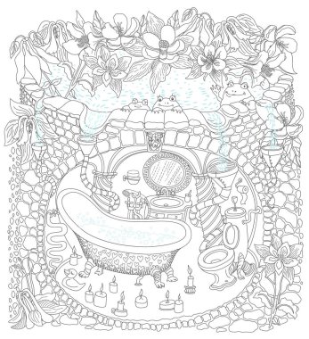 İnce çizgili vektör çizgisi çizimi. Akileji çiçekli peri masalı gölü, ortaçağ yeraltı ev banyosu, apartman mağarası. Yetişkinlerin boyama kitabı sayfası, tişört baskısı