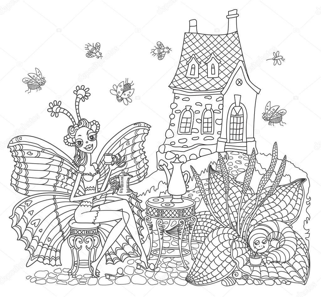 Fairy tale butterfly woman drinking morning coffee at a table near the house and bush of goose grass. Linear contour doodle sketch. Tee-shirt print, adults coloring book page, caf menu brochure cover