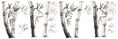 El çizimi bambu sapları ve yapraklar beyaz arka planda izole edilmiş. Japon folklor stilinde tek renkli çiçek çizimi Sumi-e