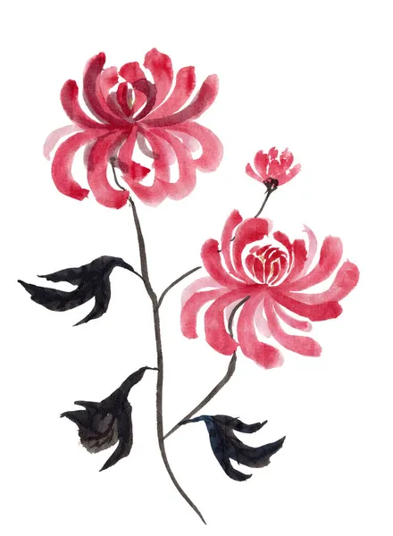 Abstraktní Květinová Ilustrace Stylu Japonské Lidové Malby Sumi Inkoust Mytí — Stock fotografie