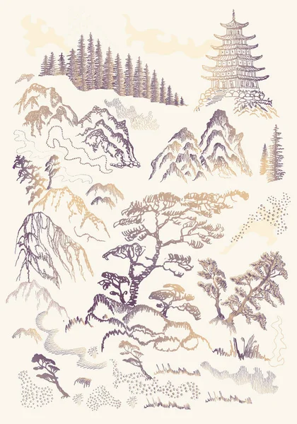 Conjunto Vetorial Esboços Desenhados Mão Tinta Natureza Japonesa Chinesa Ilustração — Vetor de Stock