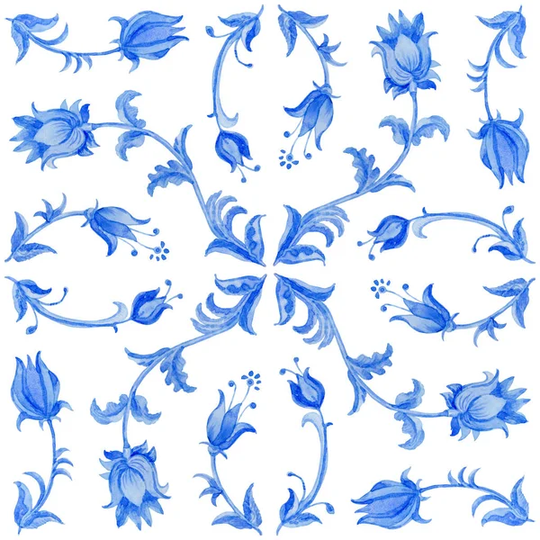 Aquarel Geschilderd Indigo Blauw Bloemen Naadloos Patroon Geïsoleerd Een Witte — Stockfoto