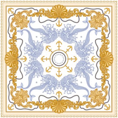 Beyaz arka planda vektör şalı izi. Modaya uygun altın zincirler, çapa desenleri, barok fantezi parşömeni, mavi güzel deniz kızı ve inciler. Atkı, bandana, atkı, ipek yama, halı.