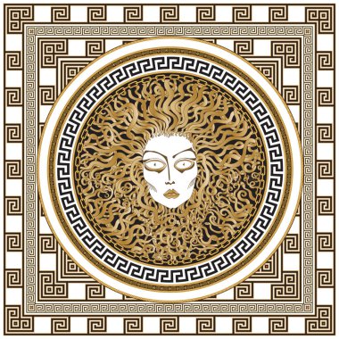 Altın zincirli Medusa Gorgon başlıklı vektör şalı, beyaz arka planda siyah ve altın sarısı Yunan sınır deseni. Barok ipek bandana, halı izi.