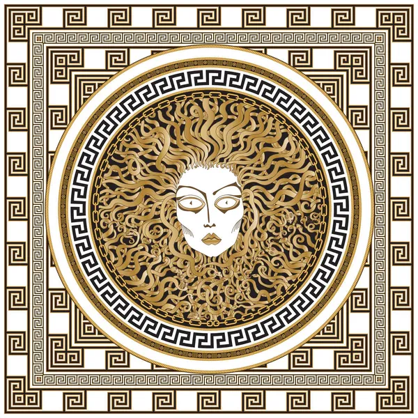 Altın zincirli Medusa Gorgon başlıklı vektör şalı, beyaz arka planda siyah ve altın sarısı Yunan sınır deseni. Barok ipek bandana, halı izi.