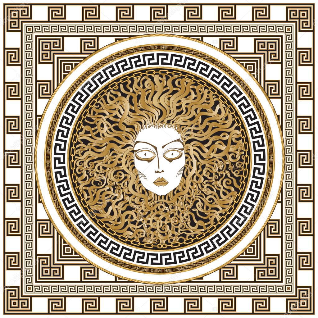 Vector shawl with Medusa Gorgon head in golden chains frame, black and gold Greek meander border pattern on a white background. Baroque silk bandana, carpet print
