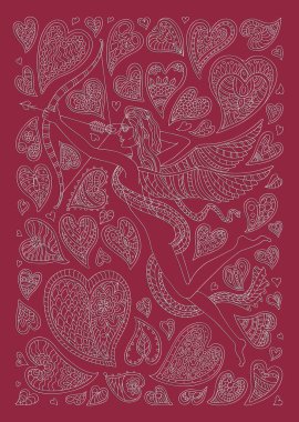 Vektör Sevgililer Günü tebrik kartı. Süslü kalpler ve melek silueti. Yetişkinler için harika bir illüstrasyon. Kırmızı arka planda beyaz çizgili ince bir çizgi. Tişört izi
