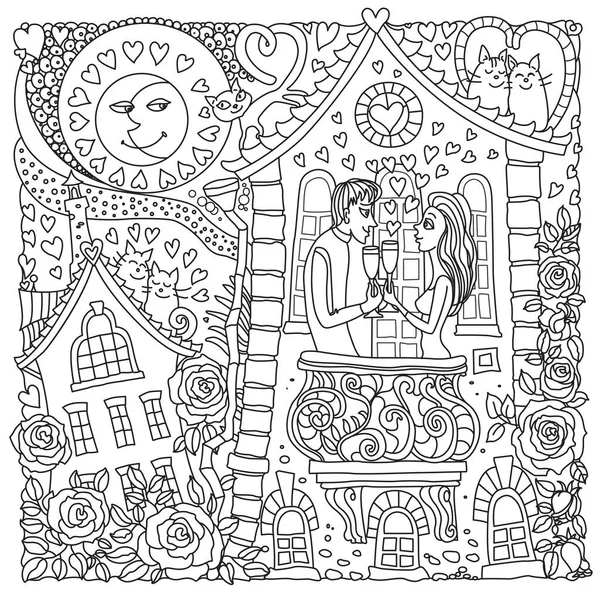 ベクトルバレンタインデーグリーティングカード バラの花のシルエット 大人のぬり絵のページ シャンパンと手描きの愛のカップル 白黒のスケッチ Tシャツ Print — ストックベクタ