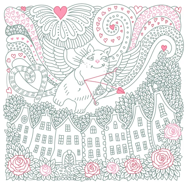Cartão Dia Dos Namorados Voando Gato Cupido Corações Vermelhos Rosa —  Vetores de Stock