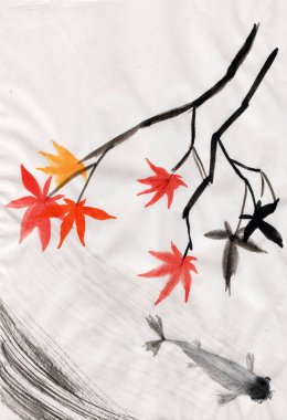 Japon ve Çin doğası mürekkep çizimi sumi-e geleneğinde el çizimi. Akçaağaç dalında kırmızı ve altın sarısı sonbahar yaprakları ve gölde yüzen sazan balığı