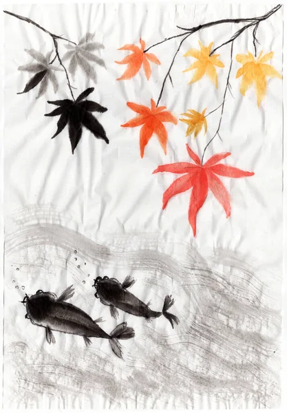 Desenho Feito Mão Tinta Natureza Japonesa Chinesa Ilustração Sumi Tradição — Fotografia de Stock