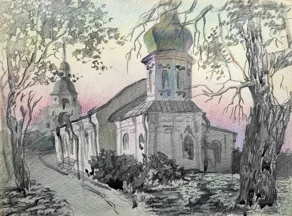 Sunset Landscape Drawn Pencils Old Church Monastery — Stock Photo, Image