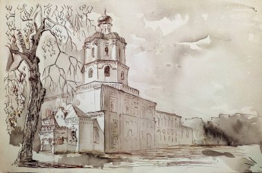 Mürekkep ve kalem El, Chernihiv şehrindeki Ukrayna 'daki antik bir tarihi Collegium binasının kahverengi suluboya mimarisi taslağını çizdi.