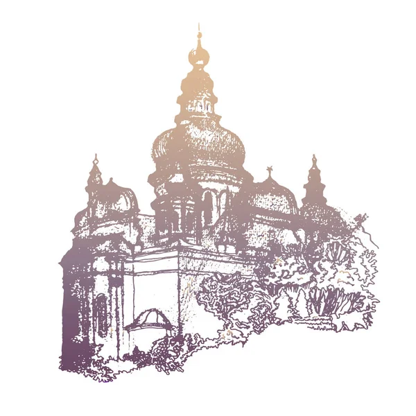 Tinta Caneta Desenho Arquitetura Desenhada Mão Antigo Edifício Histórico Igreja — Vetor de Stock