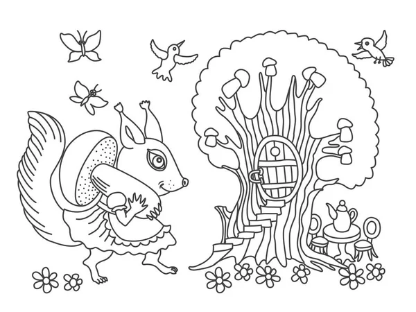 Peri masalı sincabı ağacın oyuğundaki evine büyük bir mantar taşır. Çocuklar için Doodle vektör çizimi. Yetişkinler ve çocuklar için siyah beyaz boyama kitabı sayfası