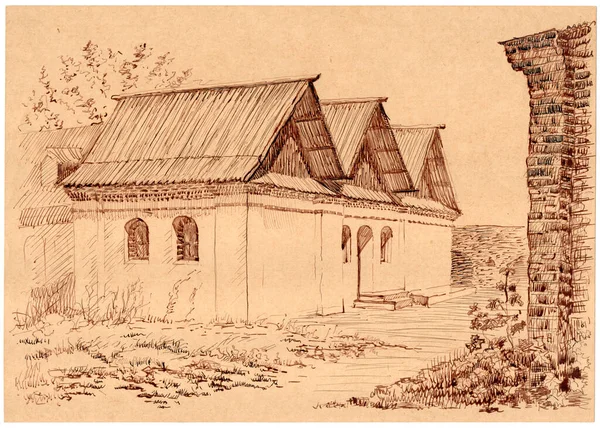Ζωγραφισμένο Χέρι Μελάνι Και Στυλό Καφέ Αρχιτεκτονική Σκίτσο Ενός Αρχαίου — Φωτογραφία Αρχείου