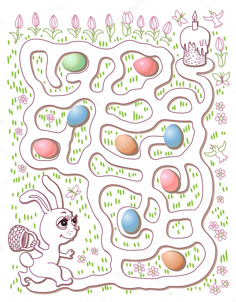 Fairy tale bunny rabbit with Easter basket looking for a way to tasty Easter cake. Labyrinth, Maze game for kids. Adults and children coloring book black and white page contour doodle sketch