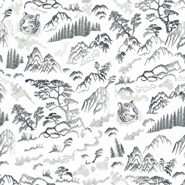 Monochrome seamless pattern of hand drawn sketches in Japanese and Chinese illustration tradition. Nature, mountain, fir, pine tree, tiger head, river, herbs, rock on a white background
